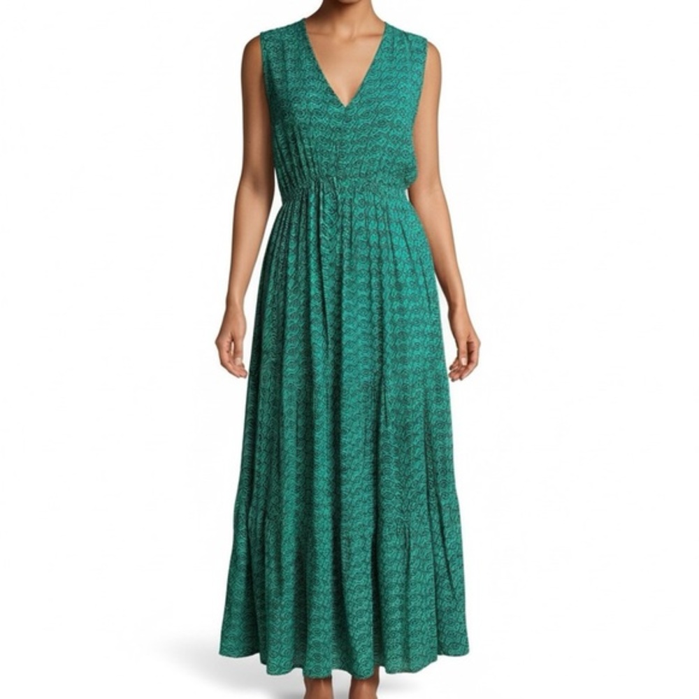 NWT Sincerely Jules Green Print Sleeveless V-Neck Tiered Cinched Waist Dress M